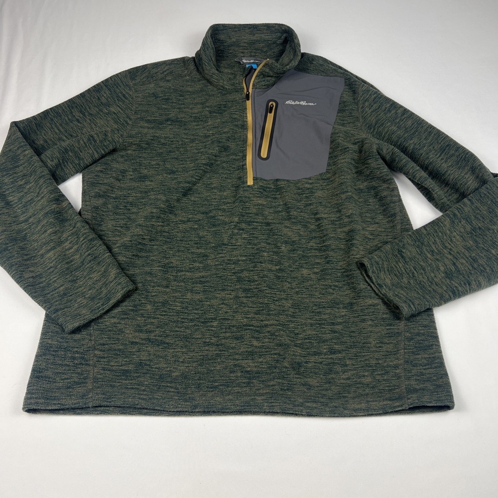 Eddie Bauer Mens Large Green Marled Quarter Zip Pullover Fleece Chest Pocket